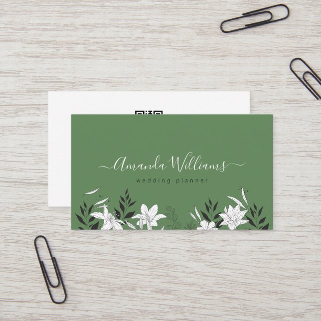 Elegant Green Floral QR Code Business Card (Front/Back In Situ)