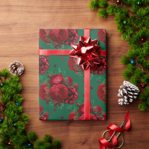 Elegant Green Floral Roses Holiday Wrapping Paper