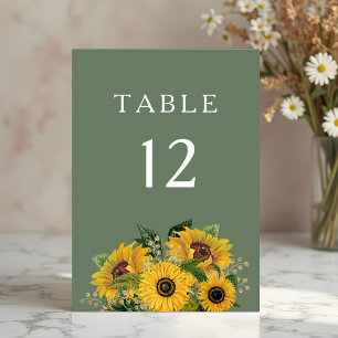 Elegant Green Floral Sunflowers Wedding Table Number