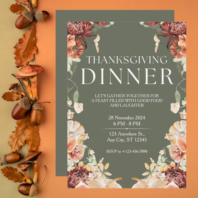 Elegant Green Floral Thanksgiving Dinner Invitation (Creator Uploaded)
