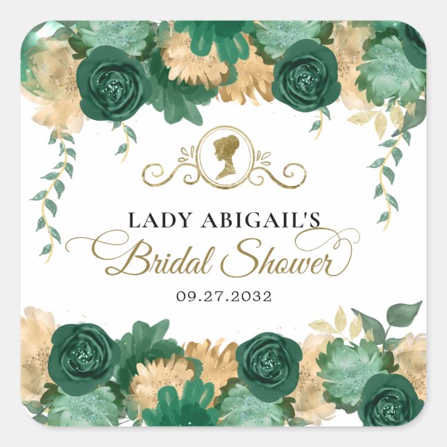 Elegant Green Floral Victorian Bridal Shower Square Sticker (Front)