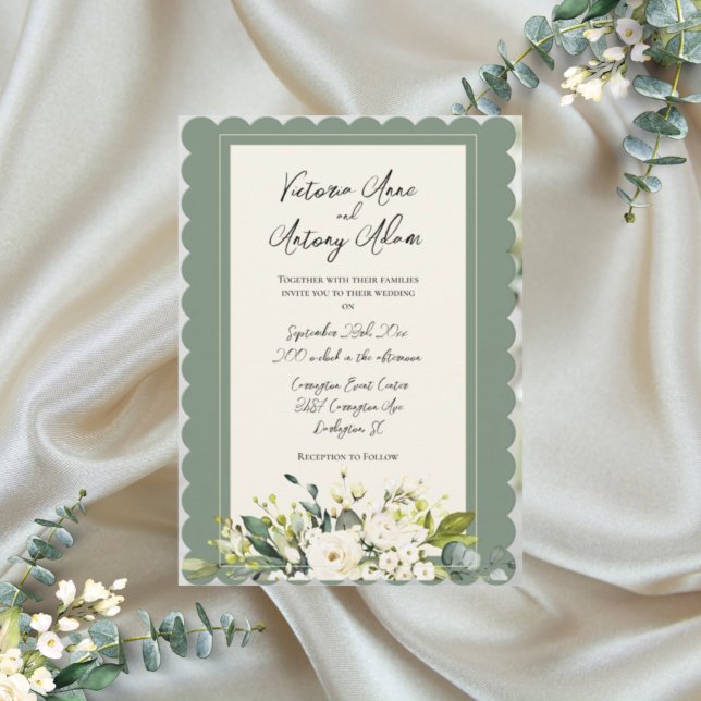 Elegant Green Floral Watercolor Scalloped Wedding Invitation (Creator Uploaded)