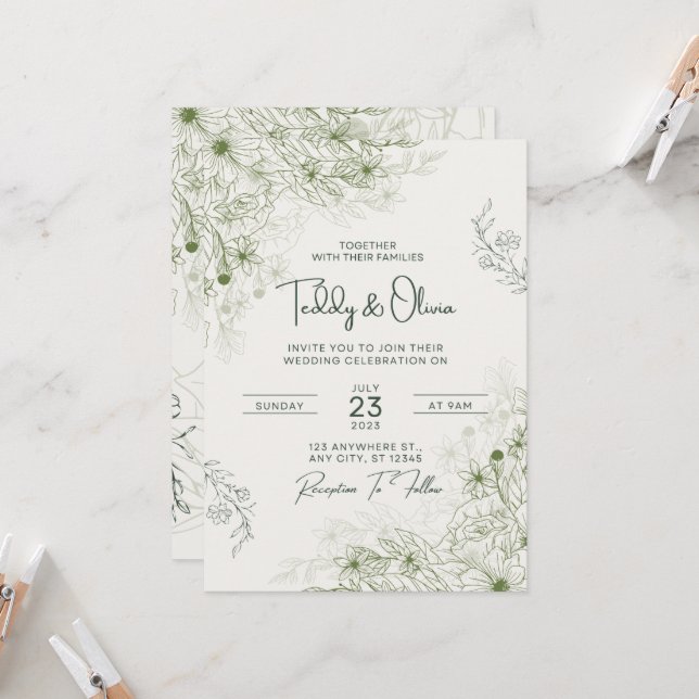 Elegant Green Floral Wedding Invitation Template (Front/Back In Situ)