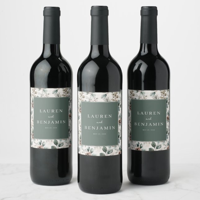 Elegant Green Floral Wine Label (Bottles)