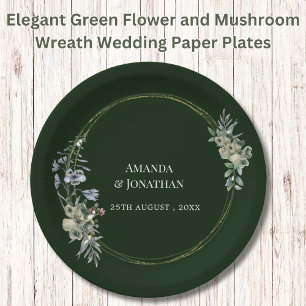 Elegant Green Flower and Mushroom Wreath Wedding Paper Plate