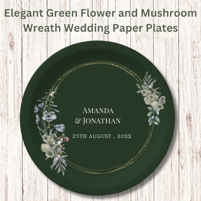Elegant Green Flower and Mushroom Wreath Wedding Paper Plate (Creator Uploaded)