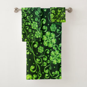 Elegant Green Flowers, Black Bath Towel Set