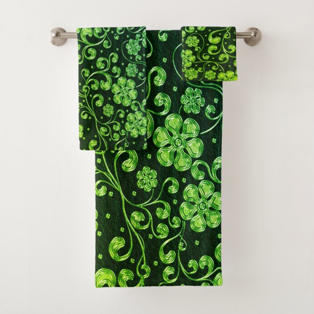 Elegant Green Flowers, Black Bath Towel Set (Insitu)