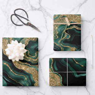 Elegant Green Foil and Gold Glitter Agate Birthday Wrapping Paper Sheet