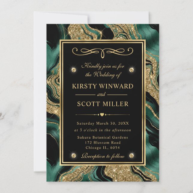 Elegant Green Foil and Gold Glitter Agate Wedding Invitation (Front)