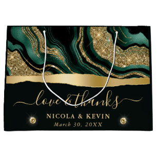 Elegant Green Foil and Gold Glitter Agate Wedding Large Gift Bag