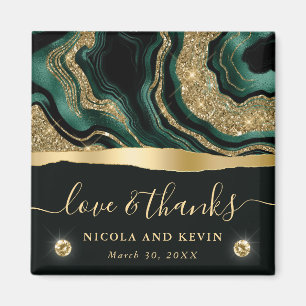 Elegant Green Foil and Gold Glitter Agate Wedding Magnet