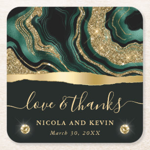 Elegant Green Foil and Gold Glitter Agate Wedding Square Paper Coaster