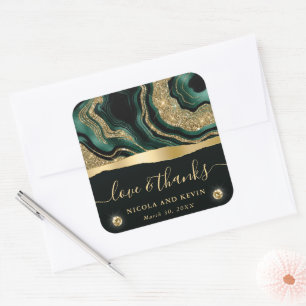 Elegant Green Foil and Gold Glitter Agate Wedding Square Sticker