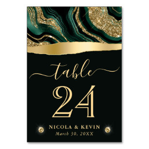 Elegant Green Foil and Gold Glitter Agate Wedding Table Number