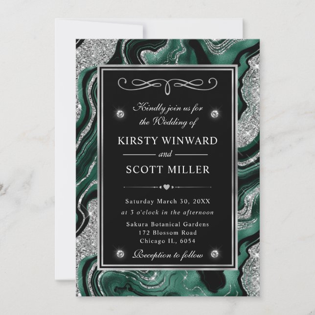 Elegant Green Foil & Silver Glitter Agate Wedding Invitation (Front)