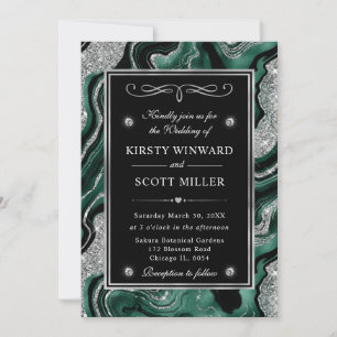 Elegant Green Foil & Silver Glitter Agate Wedding Invitation