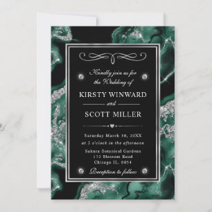 Elegant Green Foil & Silver Glitter Agate Wedding Invitation