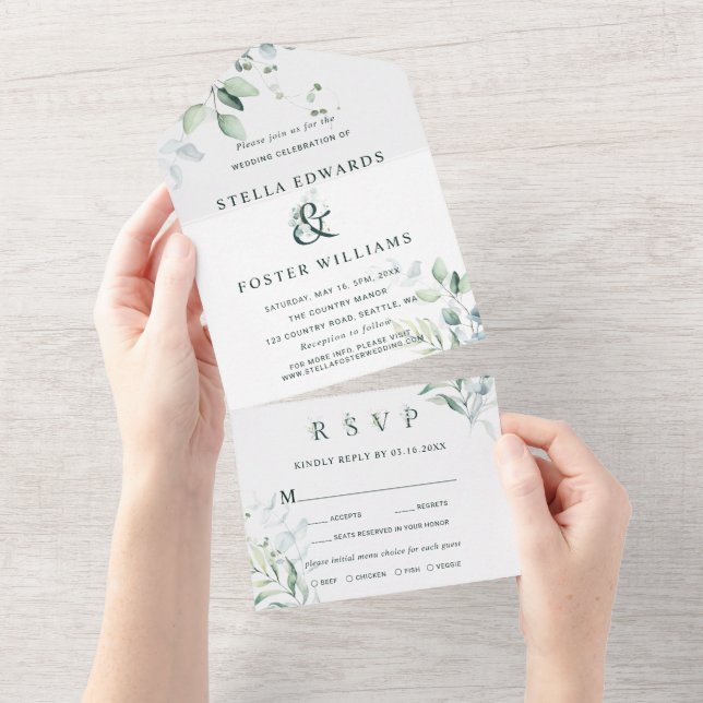 Elegant Green Foliage Ampersand Wedding  All In One Invitation (Tearaway)