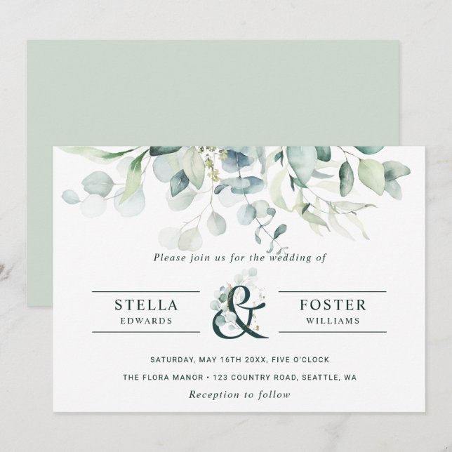 Elegant Green Foliage Ampersand Wedding Invitation (Front/Back)