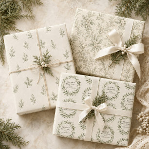 Elegant Green Foliage Christmas Botanical Pattern Wrapping Paper Sheet