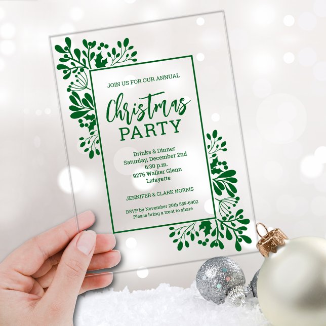 Elegant Green Foliage Christmas Party Acrylic Invitations (Elegant green foliage CLEAR ACRYLIC Christmas party invitations)