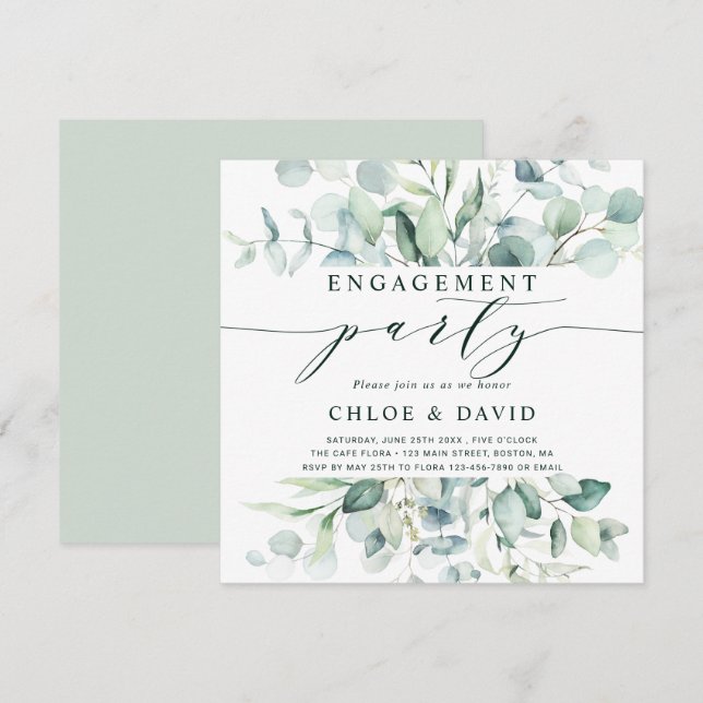 Elegant Green Foliage Engagement Party Square Invitation (Front/Back)