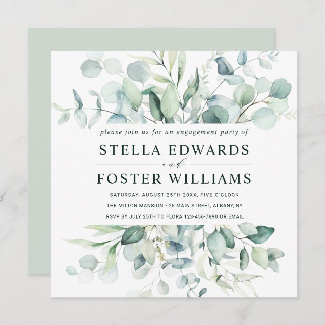 Elegant Green Foliage Engagement Party Square Invitation (Front/Back)