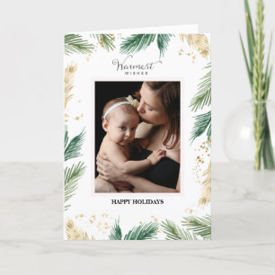 Elegant Green Foliage Gold Bough Watercolor Holiday Card