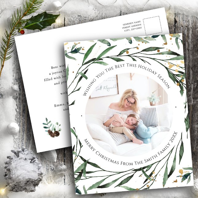 Elegant Green Foliage Gold Confetti Watercolor Holiday Postcard (Creator Uploaded)