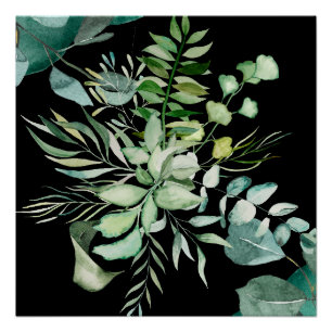Elegant Green Foliage Watercolor, Black Background Poster