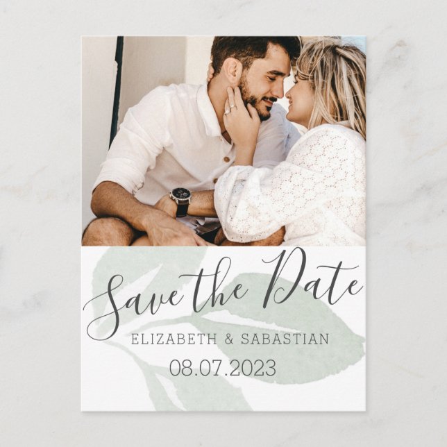 Elegant Green Foliage Watercolor Save the Date  Announcement Postcard (Front)