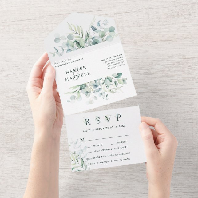 Elegant Green Foliage Watercolor Wedding All In One Invitation (Tearaway)