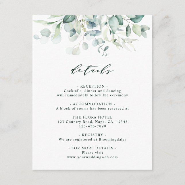 Elegant Green Foliage Wedding Details Enclosure Card (Front)