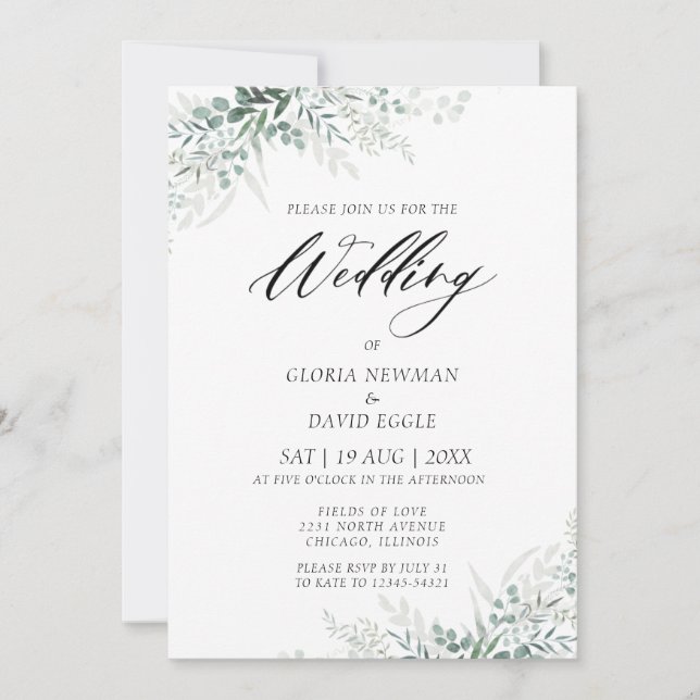 Elegant Green Foliage Wedding Invitation (Front)