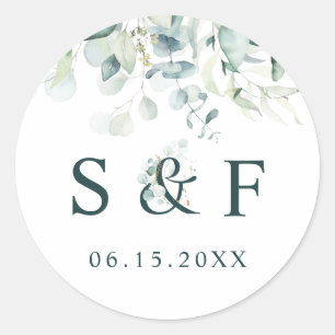Elegant Green Foliage Wedding Monogram Classic Round Sticker