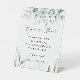 Elegant Green Foliage Wedding Open Bar Pedestal Sign