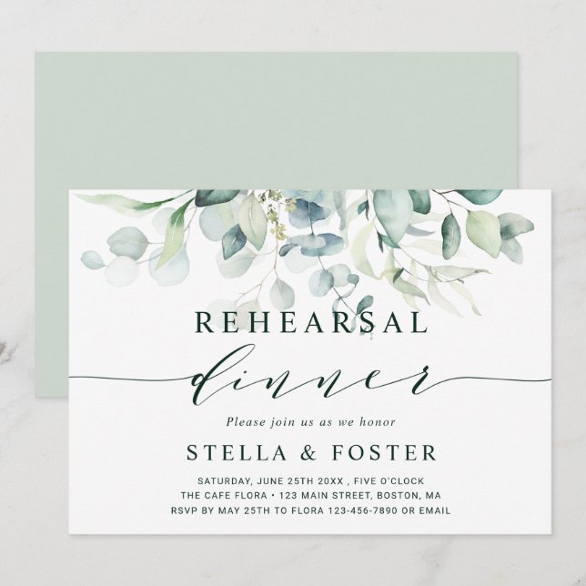 Elegant Green Foliage Wedding Rehearsal Dinner Invitation (Front/Back)