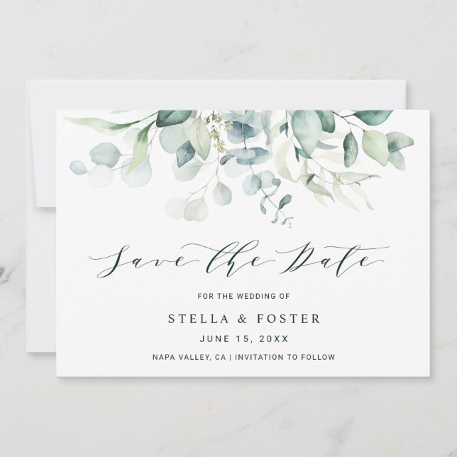 Elegant Green Foliage Wedding Save the Date Card (Front)