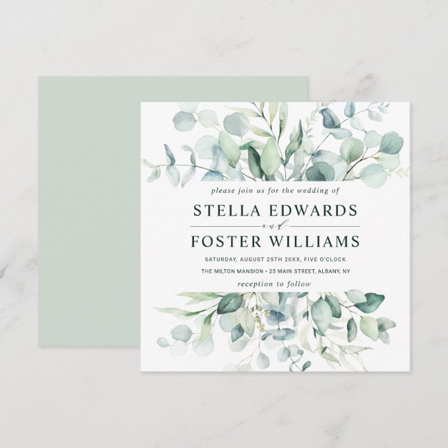 Elegant Green Foliage Wedding Square Invitation (Front/Back)