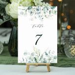 Elegant Green Foliage Wedding Table Number<br><div class="desc">This wedding table number features painted watercolor eucalyptus,  botanical green,  and light blue leaves with modern calligraphy.</div>