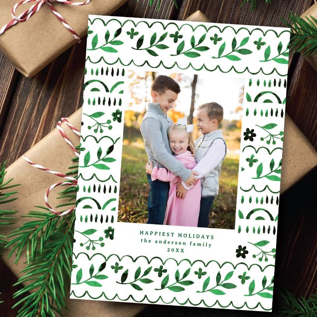Elegant Green Folk Watercolor Christmas Photo Holiday Card (Creator Uploaded)