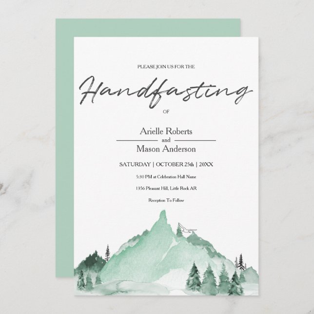 Elegant Green Forest Mountains Simple Handfasting Invitation (Front/Back)