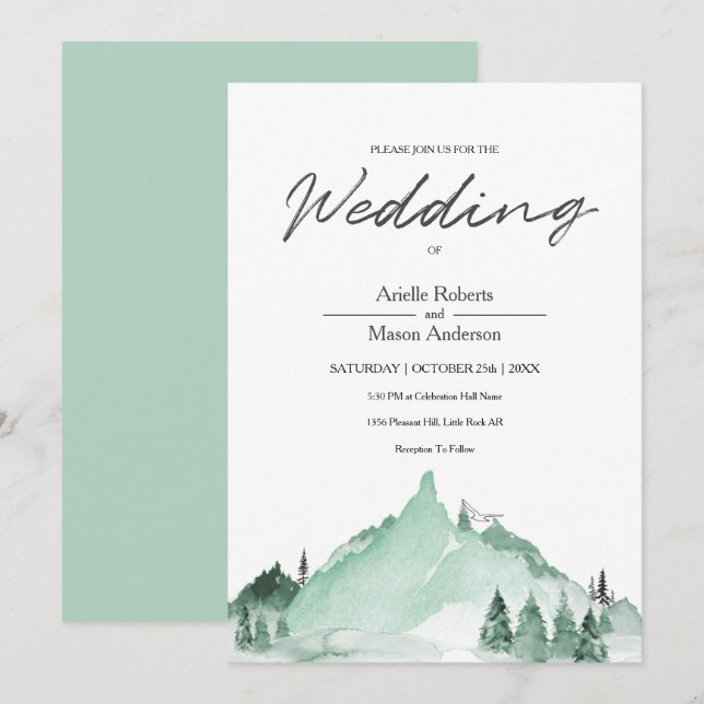 Elegant Green Forest Mountains Simple Wedding Invitation (Front/Back)