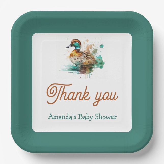Elegant Green Framed Mallard Duck Baby Shower Paper Plate (Front)