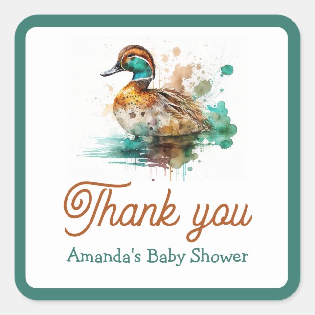 Elegant Green Framed Mallard Duck Baby Shower Square Sticker (Front)