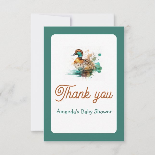 Elegant Green Framed Mallard Duck Baby Shower Thank You Card (Front)