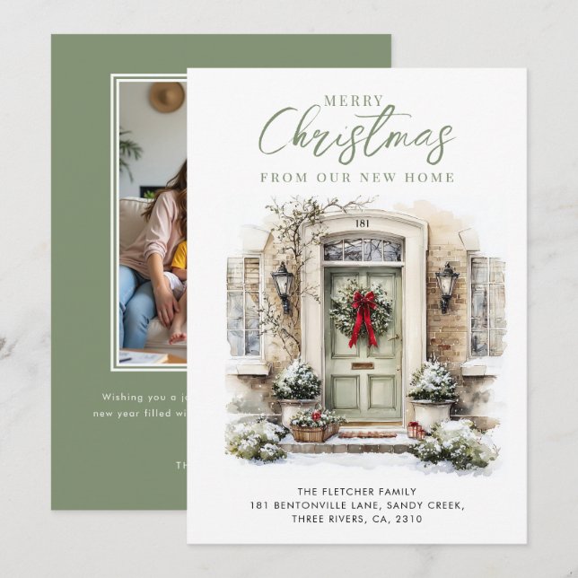 Elegant Green Front Door New Home Christmas Holiday Card (Front/Back)