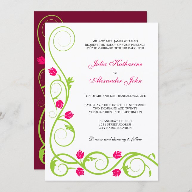 Elegant Green Fuchsia Swirls Wedding Invitation (Front/Back)