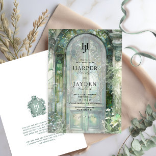 Elegant Green Garden Watercolor Wedding Monogram Invitation